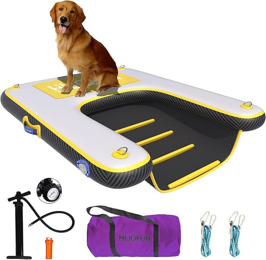 Inflatable Dog Water Ramp with Non-Slip Steps & D-Rings–180 lbs Capacity,47.2"x37.4"x4", Portable Floating Ladder for Pool, Boat, Lake – Yellow