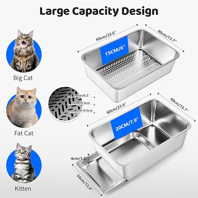 Stainless Steel Litter Box, 23.6" L x 15.7" W Drawer Type Semi-Enclosed Cat Litter Box with Sifting Pan, Scoop for Big Cat Easy Cleaning