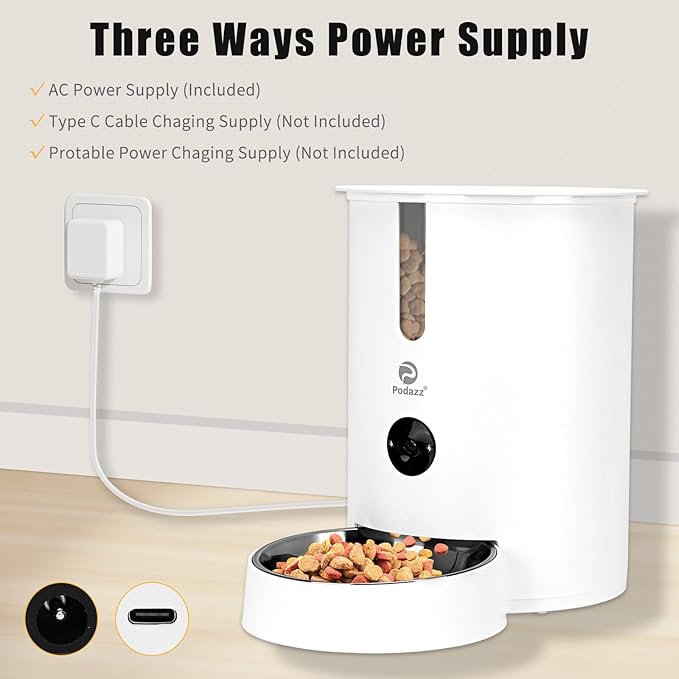 Automatic Cat Feeders, Podazz 1080P HD Camera Timed Auto Cat Dog Feeder with Smart App, 5G WiFi Dry Food Dispenser 2-Way Audio, Voice Recorder, Night Vision, Non-Stick Food Bowl (White)