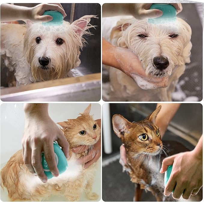 Dog Bath Brush, Pet Massage Brush Shampoo Dispenser, Soft Silicone Brush Rubber Bristle for Dogs and Cats Shower Grooming