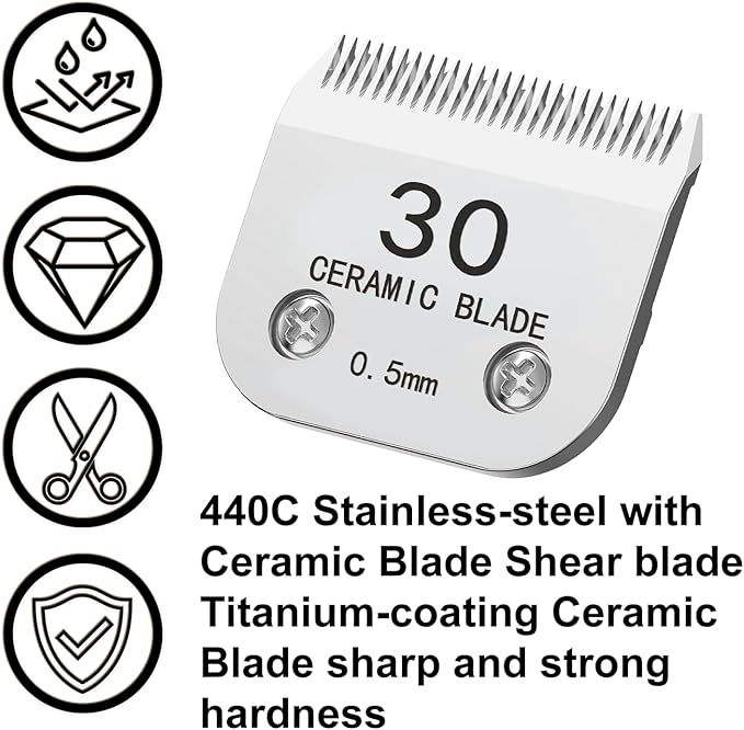 30# Silver Detachable Clipper Ceramic Blades, Dog Grooming Clipper Replacement Blades Compatible with Dog Clippers, KM Series Clippers, Most A5, Size 30, Cut Length 1/50"(0.5mm)
