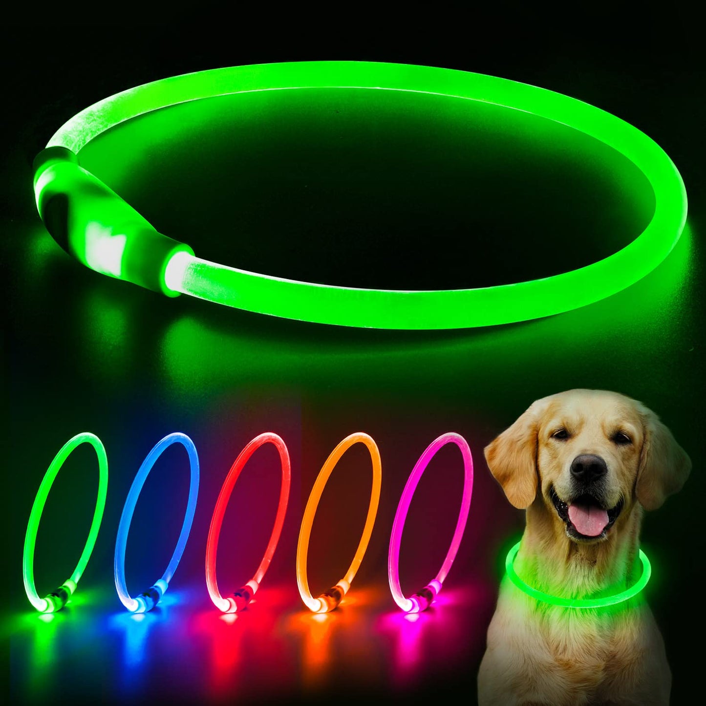 Flashseen LED Dog Collar, USB Rechargeable Glowing Lighted Up Collar, Cuttable Water-Resistant TPU Safety Collar Lights for Small Medium Large Dogs