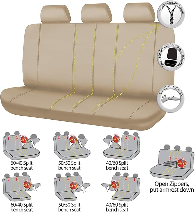 Flying Banner Rear Bench car seat Covers car seat Protectors Split 40/60 50/50 60/40 (Solid Beige, Value)