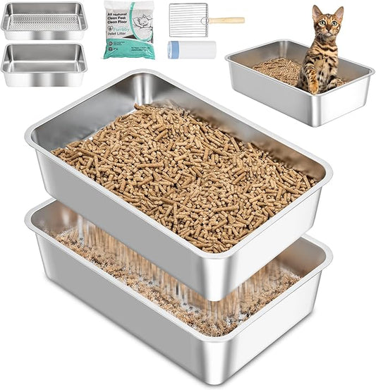 Stainless Steel Sifting Litter Box with Lid, Metal Litter Pan with Scoop for Big Cats Multi Cat, Extra Large Cats Litterbox Odor Control Easy Clean (23*15.4*6.9inch-Without Enclosure, X-Large)