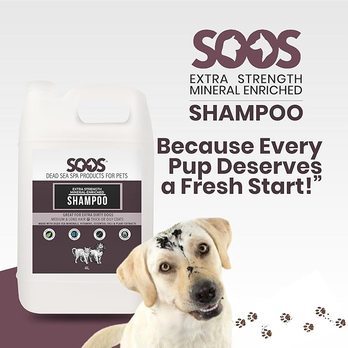 Soos Pet Extra Strength Mineral Enriched Shampoo for Dogs and Cats Natural Dead Sea Mineral Enriched Deeply Absorbing with Vitamins Essential Oils Natural Ingredients - 1x (4L Gallon)