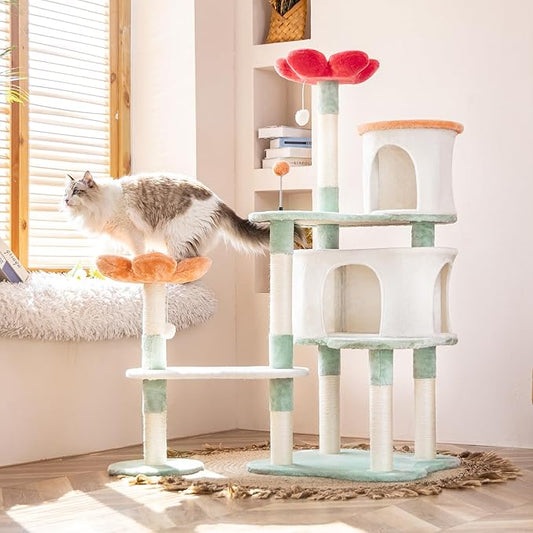 HYABi 56.3in Flower Design Cat Tree, Foldable Multi-Level Tower for Large Cats, Space-Saving Cat Furniture with Scratching Posts, Plush Condo for Indoor Cats