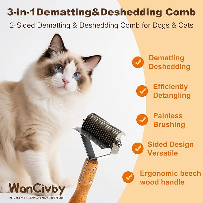 3-in-1Dematting & Deshedding Comb Undercoat Rake for Cats& Dogs，Detangling Matted Fur & Hair Remover Tool Pet Grooming Rake for Shedding and Dematting，Ergonomic beech wood handle (Round Handle)