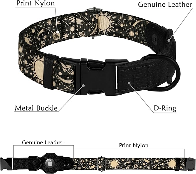 AirTag Dog Collar with Metal Buckle - Soft Leather Printed Nylon Dog Collar with Apple AirTag Holder - Cute Tracking GPS Pet Collars for Girl Boy Small Large Dogs (L, 17"-21" Neck Fit, Space)