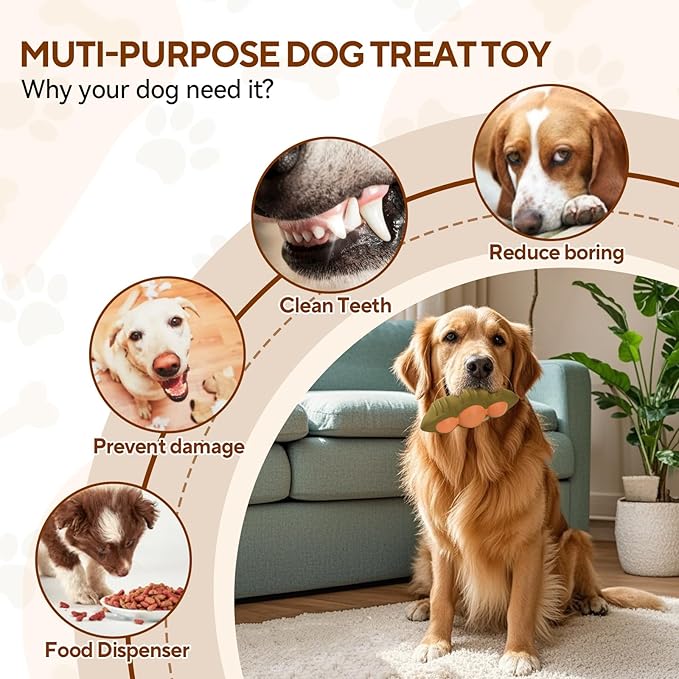 Interactive Treat Dispensing Dog Toy, Durable Rubber Dog Enrichment Toys, Teeth Cleaning Chew Toy for Small Medium Large Breeds, Green Soybean Shape