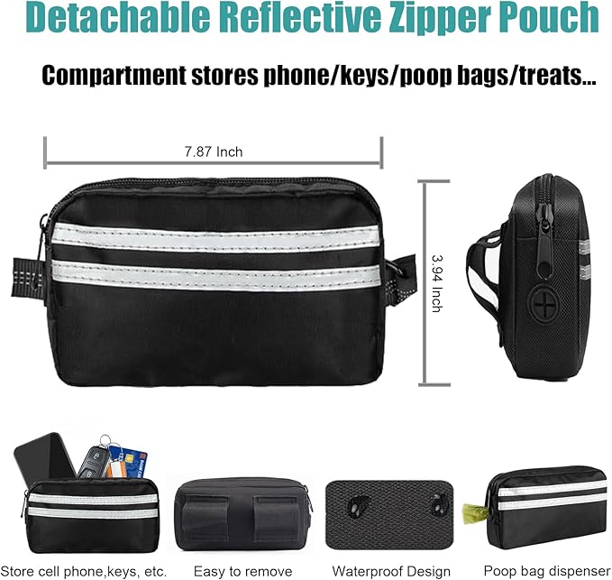 Hands Free Dog Leash with Zipper Pouch for Medium & Large Dogs - Crossbody & Waist Leash for Dog Walking - Bungee with Padded Handles, Reflective Stitches, No Pull, Tangle Free