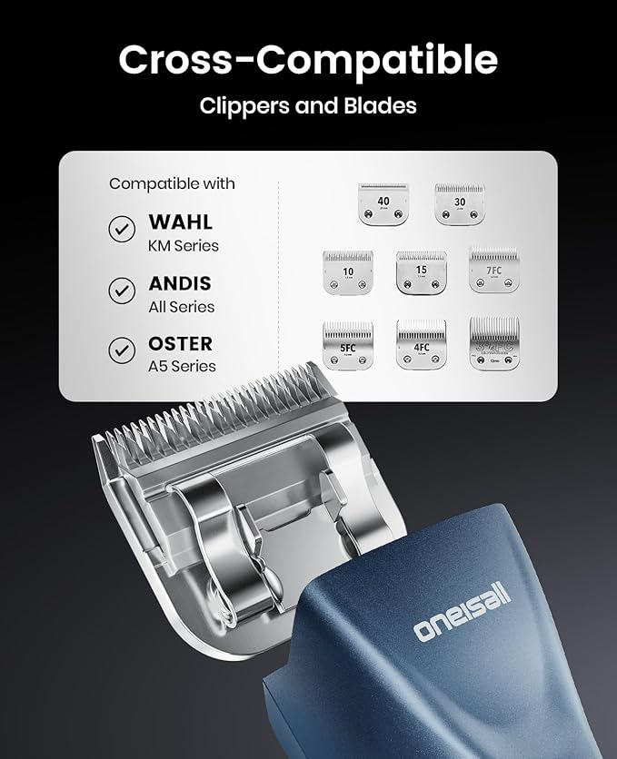oneisall Grandmaster Pro 1 Cordless Professional Dog Grooming Clippers, 2-Speed Dog Clippers for Grooming Heavy Duty/Thick Hair, Detachable Carbonized Steel Blade Metal Combs, Removable Battery
