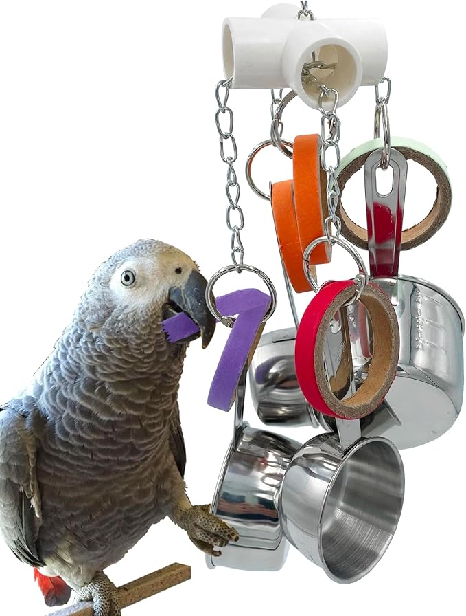 Durable Bird Parrots Pots and Bagel Toys, Pullable Stainless Steel Cup and Cardboard Ring Toys for Amazons Mini Macaws African Greys Cockatoos Eclectus