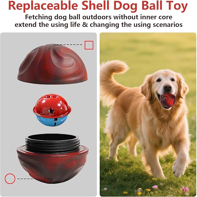 Yipetor Interactive Dog Toys Ball, Unswallowable 3.3'' Durable Replaceable Shell Rubber Dog Chewer Ball with Little Bell for Large Medium Dogs - Keep Them Busy/Relief Anxiety/Mental Stimulate (Red)