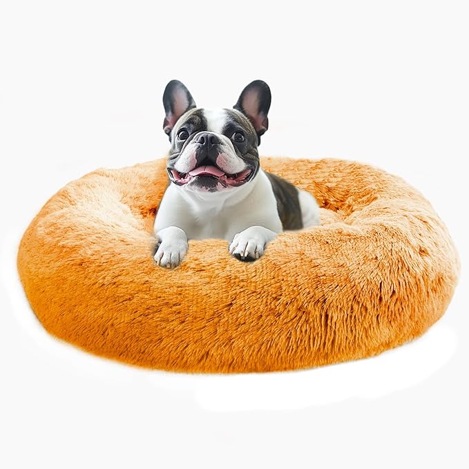 JOLLYVOGUE Medium Calming Dog Bed, Anti-Anxiety Donut Cuddler Cat Bed with Anti-Slip Bottom, Fluffy Faux Fur Machine Washable Pet Cushion for Medium Large Dog & Cat (31")