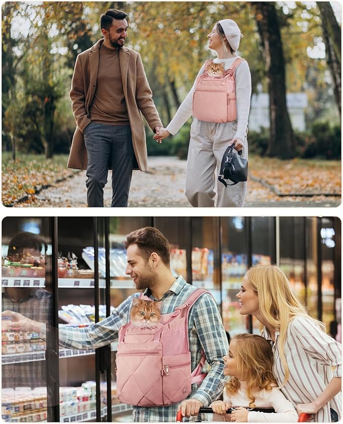 OFY Cat Carrier Puffy Backpack Breathable Small Dog Front Backpack Large Space for Small Dogs, Drawstring & Water-Resisant Pet Bag for Travel Hiking, Lotus Pink Patent Pending