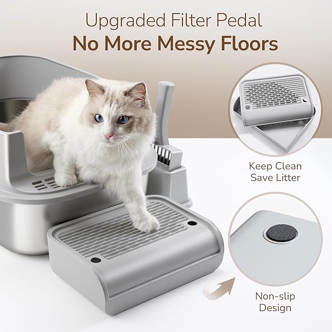 Stainless Steel XL Cat Litter Box with Lid & Door Flap, Extra Large Enclosed Metal Litter Box with High Sides, Light Grey