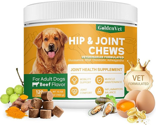 Hip and Joint Chews for Senior Dogs with Glucosamine HCL, Chondroitin, Green-lipped Mussel, Ashwagandha for Anti Inflammatory, Mobility Support, Muscle Maintenance, Joint Comfort 120 Ct