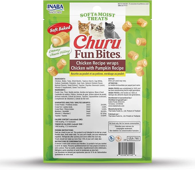 INABA Churu Fun Bites for Cats, Soft & Chewy Cat Treats with Taurine, 0.42 Ounces Each Tetra, 18 Tetras (3 per Bag), Chicken with Pumpkin Recipe