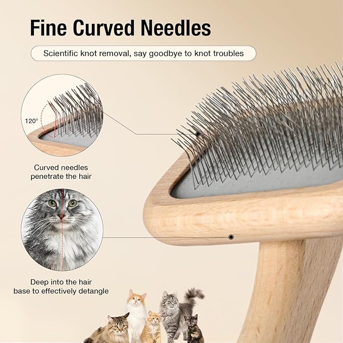 UTEE Slicker Brush for Small Dogs & Cats (Yorkies, Chihuahuas, Persian Cats) Gentle Grooming Tool with Stainless Steel Curved Pins & Ergonomic Beech Wood Handle — Ideal for Long or Thick Fur