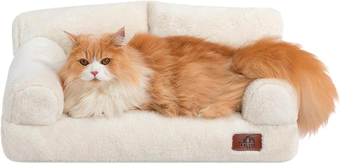 Hollypet Fluffy Plush Dog Cat Pet Couch Soft Calming Sofa Bed for Medium Small Cats and Dogs, Beige