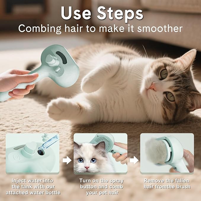 Pet Steam Brush for Dog & Cat,4-in-1 Spray Hair Removal Comb with Waterless Shampoo,Steam for Shedding & Grooming–Water Brush for Long & Short Haired Pets –Anti-Static & Skin-Friendly Design (Green)