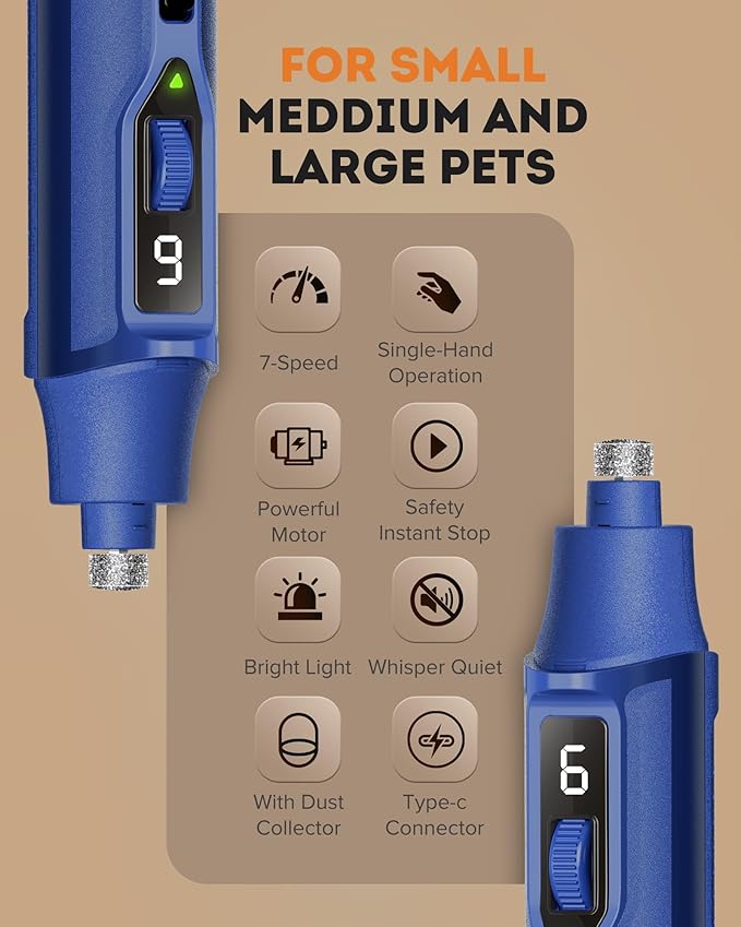 YABIFE 7-Speed Pet Nail Grinder with Light – Heavy Duty, Whisper Quiet Nail Trimmer for Dogs, Cats, Birds & Small Animals – Single-Handed Operation