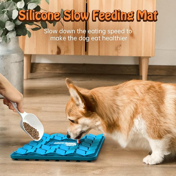 Lick Snuffle Mat for Dogs & Cats with Suction Cups, 2 in 1 Silicone Pet Food Mats Interactive Slow Feeder Licking Toy for Anxiety Relief, Upgraded Lick Mats for All Breeds (Blue, 16.7in x 11.4in)