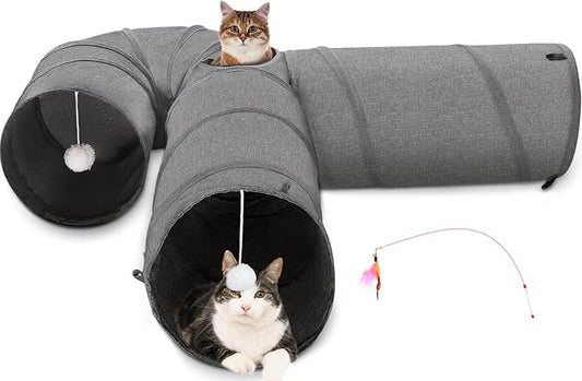 Ownpets Cat Tunnel 12 Inches in Diameter Larger Pet Tunnel Tube with Plush Ball & Feather Toy, U-Shaped Cat Play Tunnel for Big Cat, Puppy and Rabbits