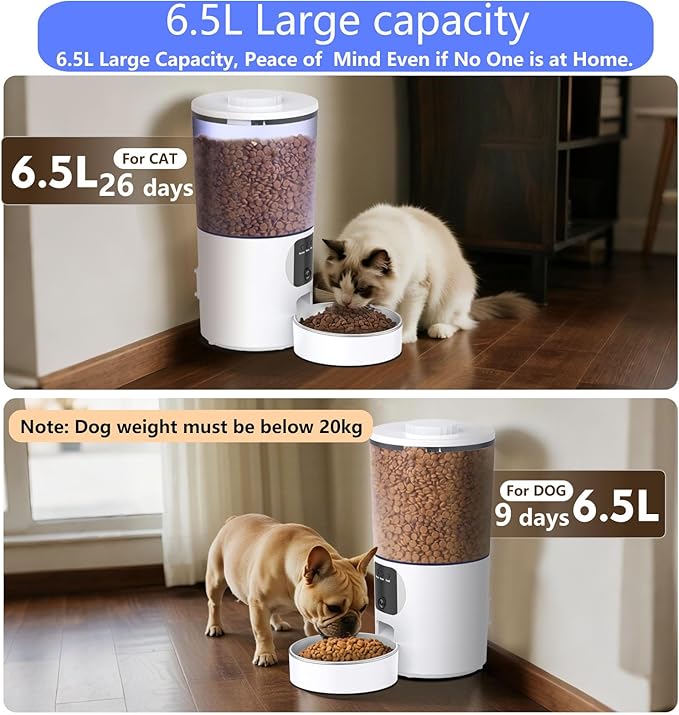 Automatic Cat Feeder with Camera and App, 6.5L 1080P HD Timed Pet Feeder, Automatic Dog Feeder with 2-Way Audio for Cats/Small Dogs, Cat Food Dispenser with Night Vision/Motion Alerts, WiFi 2.4G/5G