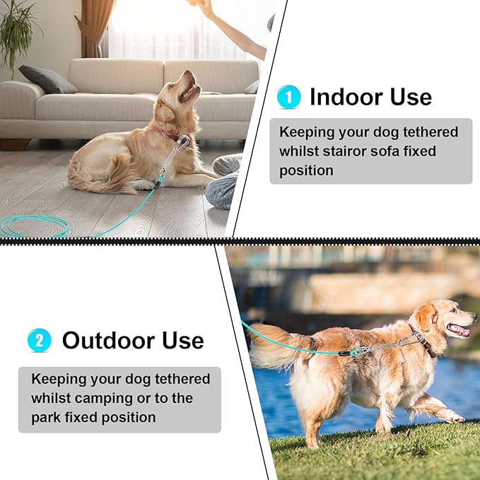 jenico Dog Tie Out Cable, 10/15/20/30/40/50/70/100/150FT Runner Cable with Swivel Hook and Shock Spring, Dog Leash Run Tether for Yard Outdoor and Camping,for Small to Medium Pets Up to 500 LBS