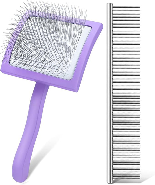 Slicker Brush for Dogs, Long Pin Dog Grooming Brush for Goldendoodles, Poodles, Doodles & More, Includes Bonus Pet Comb, Perfect for De-Shedding, Dematting & Reducing Tangles. Large, Purple