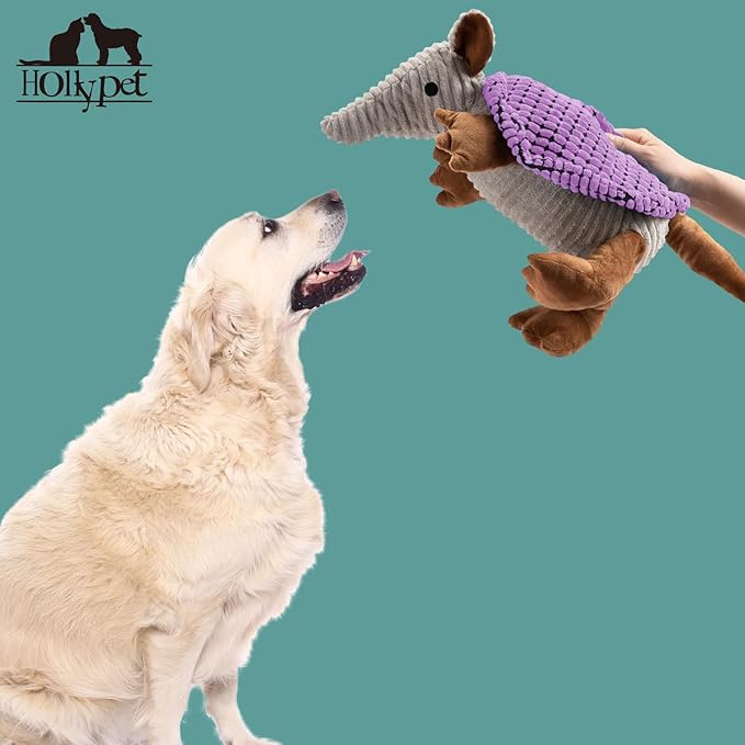 Hollypet Plush Dog Squeaky Toy Stuffed Armadillo Animal Pet Puppy Chew Toys with Clean Teeth for Small Medium Large All Breed Sizes Dogs, Purple, 10 in