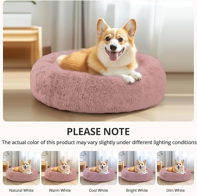 JOLLYVOGUE Medium Calming Dog Bed, Anti-Anxiety Donut Cuddler Cat Bed with Anti-Slip Bottom, Fluffy Faux Fur Machine Washable Pet Cushion for Medium Large Dog & Cat (31")