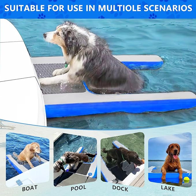 Inflatable Dog Boat Ramp, Non-Slip EVA Dog Float Floating Ramp Ladder for Pools Boats Docks, Safe & Easy Water Access for Large Dogs, Blue