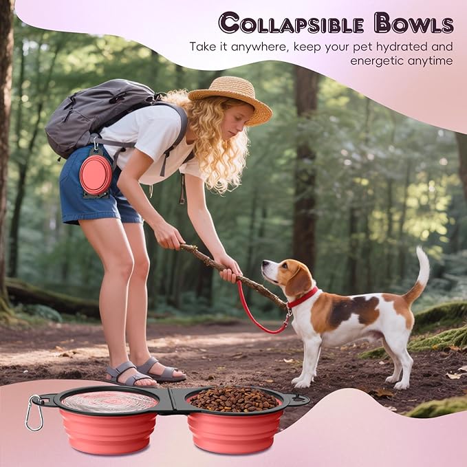 Pawaboo 2-in-1 Collapsible Dog Bowls, Dual Puppy Food and Water Bowls, 180° Flip Over Portable Silicone Dog Bowl with Metal Hook, 450ml Pet Travel Feeder Bowl for Walking Hiking Camping, Light Pink