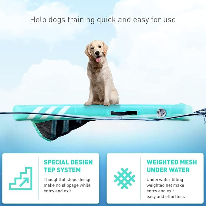 Inflatable Large Dog Water Ramp Float Floating Ramp-Swimming Pets Up to 200 Pounds Large Dogs-Inflatable Stairs for Boats, Docks, with Pump/Rope/Repair Kit - PVC Anti-Slip Fabric