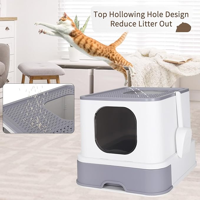 RIZZARI Large Enclosed Cat Litter Box : Covered Leak-Proof Reduces Odor - for Indoor Use Cat Owners (White)