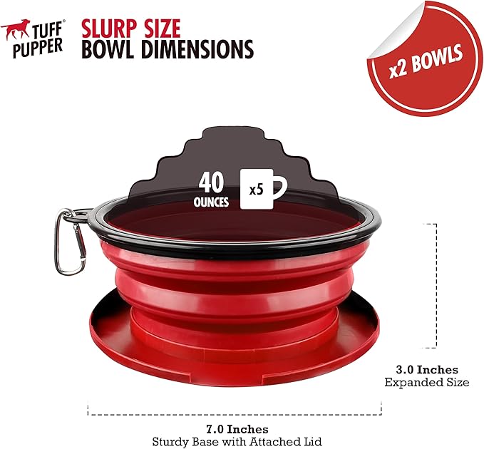 Tuff Pupper SuperBigSlurp Collapsible Dog Bowls | Two Pack Bowls | Extra Large Capacity | Portable, Food Safe, Odorless | Non-Toxic Silicone [Two Pack Red Bowls 40oz]