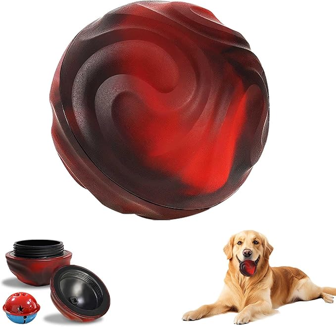 Yipetor Interactive Dog Toys Ball, Unswallowable 3.3'' Durable Replaceable Shell Rubber Dog Chewer Ball with Little Bell for Large Medium Dogs - Keep Them Busy/Relief Anxiety/Mental Stimulate (Red)