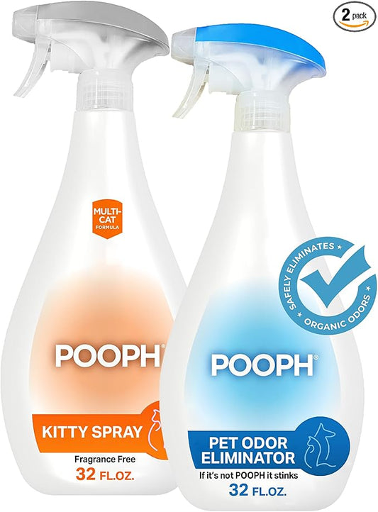 POOPH Pet Odor Eliminator and Litter Box Deodorizer - 2x32oz Bottles - Instant, Safe, Fragrance-Free, Clear, Non-Staining, Unscented