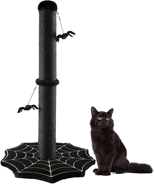 Gothic Cat Scratching Post with Spider Dangling Toys for Indoor Large Cats, Halloween Spooky Cat Scratcher,Activity Cat Play Center Cat Tree Tower Furniture with Cobweb Base,Black,Large