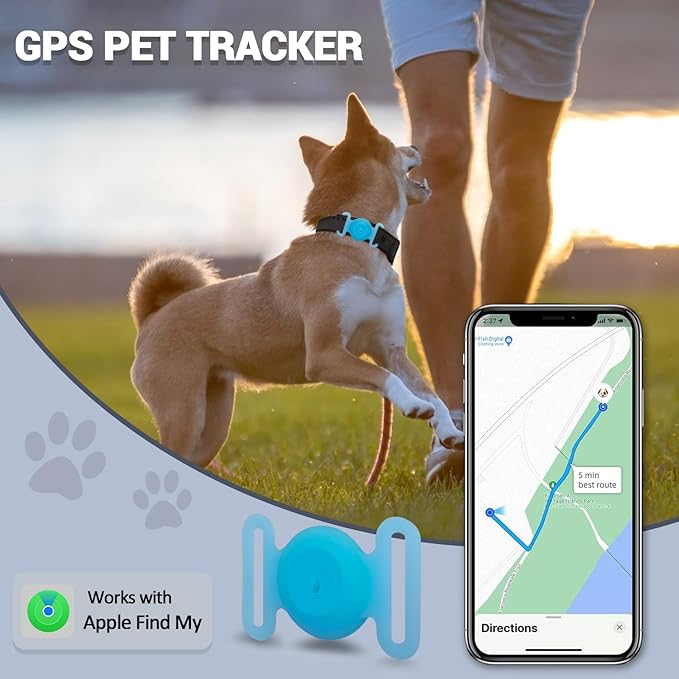 GPS Tracker for Dogs, Mini GPS Cat Tracker, IPX8 Waterproof GPS Tracker for Cats with Holder, No Monthly Fee, Work with Apple Find My(iOS Only), Smart Tracker for Dogs Finder Tracker Pets(GlowBlue)