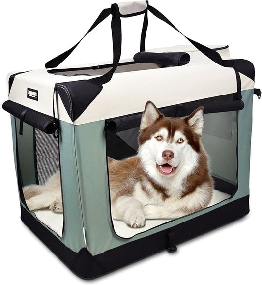 JESPET Soft Dog Crates Kennel for Pets, 3 Door Soft Sided Folding Travel Pet Carrier with Straps and Fleece Mat for Dogs, Cats, Indoor & Outdoor Use (5-Shale Green, X-Large(36" L x 24" W x 27" H))