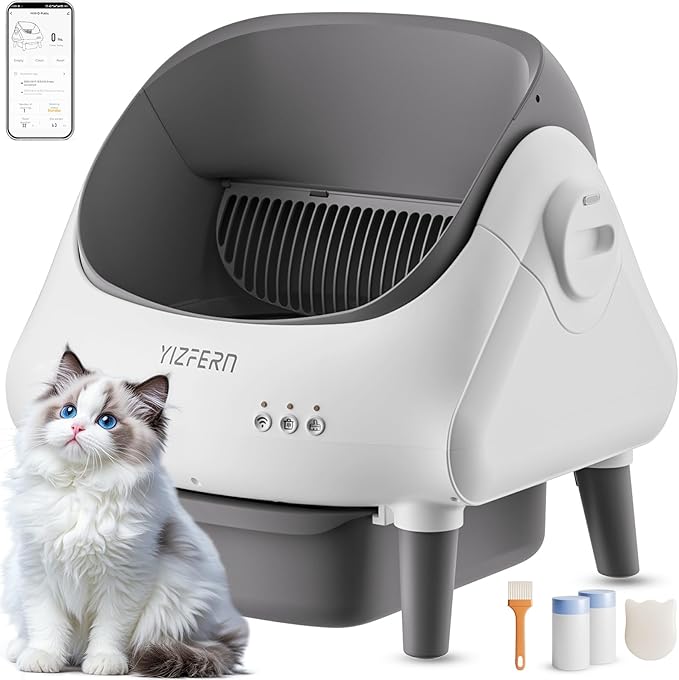 Self Cleaning Litter Box for Multiple Cats, Automatic Cat Litter Box with App Control, Open Top Design, Safety Protection, Ultra-Quiet, Includes Waste Bags, Large Waste Bin, & Brush (White)