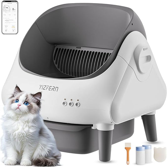 Self Cleaning Litter Box for Multiple Cats, Automatic Cat Litter Box with App Control, Open Top Design, Safety Protection, Ultra-Quiet, Includes Waste Bags, Large Waste Bin, & Brush (White)
