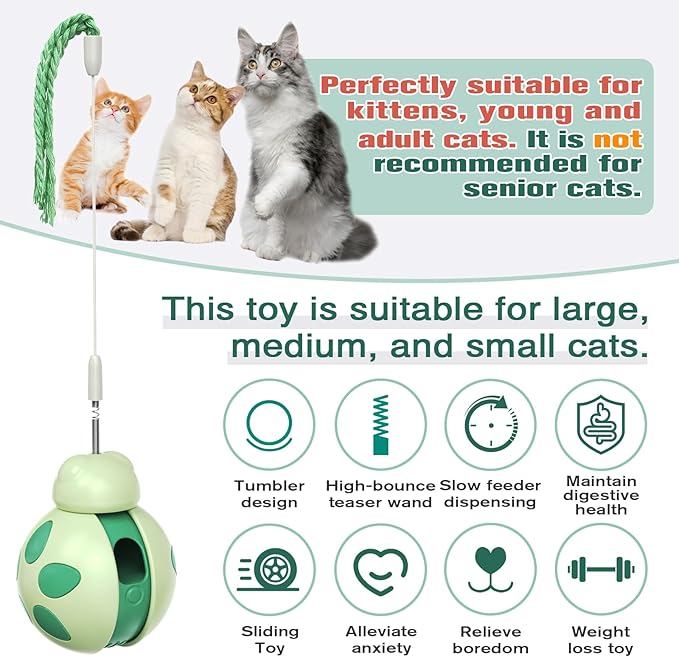 Cat Puzzle Toys,Slow Feed Dispensing Cat Toy with Cat Teaser Wand,Never-Knockover Wobble Design, Health Benefits and Weight Loss (Green)