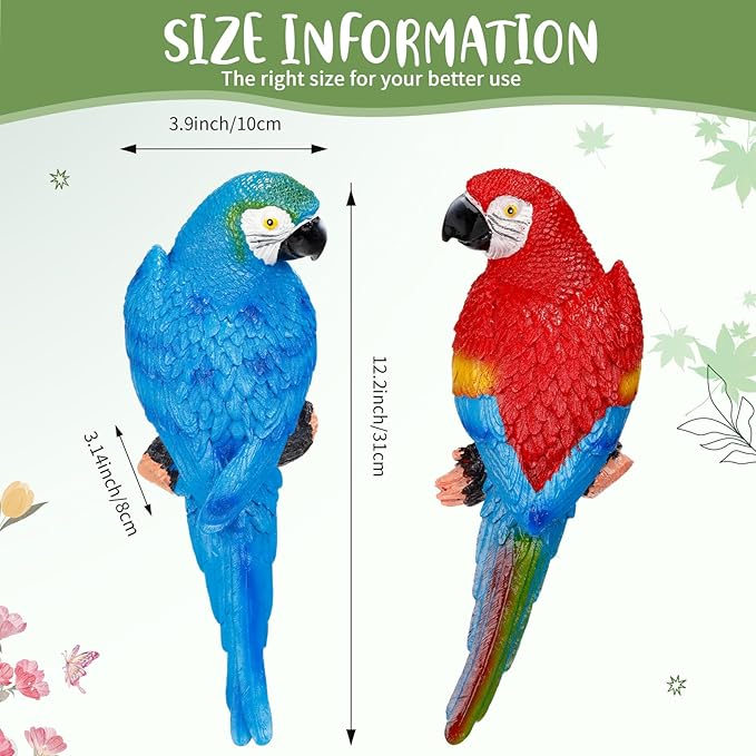 Jetec 2 Pcs Parrot Decor Outdoor Tiki Bar Decorations Large Realistic Parrot Statues for Outside Lifelike Bird Sculptures Garden Patio Yard Lawn Figurines for Tropical Animal Tree Wall (Blue, Red)