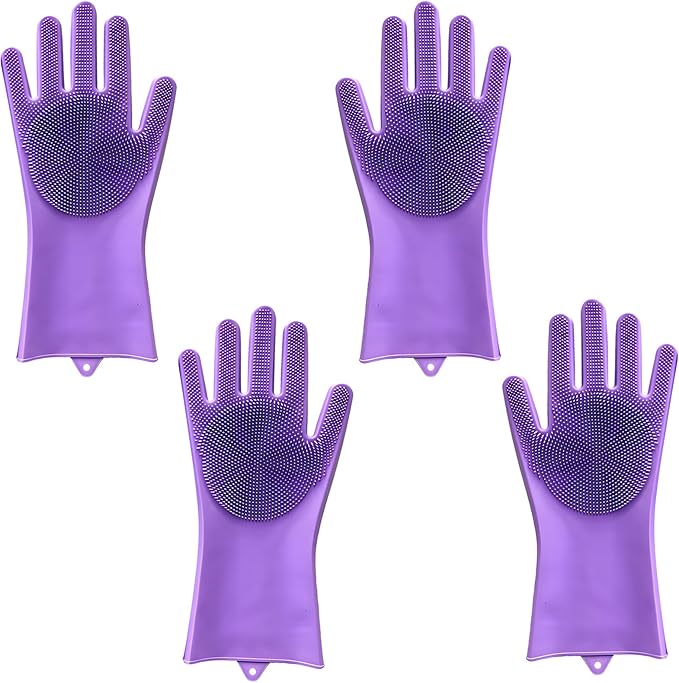 2 pairs Silicone Dishwashing & Pet Grooming Gloves - 2-in-1 Heat Resistant Gloves with High-Density Teeth, Enhanced Five Finger Design for Bathing, Cleaning Dishes, Cars, Dogs & Cats(Purple)
