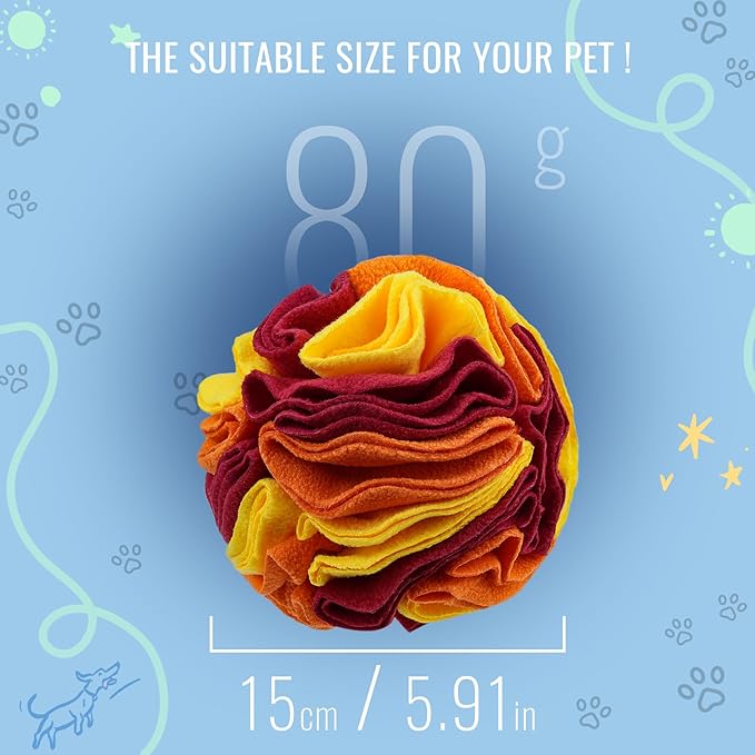 Pet Snuffle Ball, Puzzle Sniffing Interactive Dog Ball for Blind Dogs Training Stress Relief Dog Enrichment Toys Treat Machine Washable (15cm, Sunset Color)