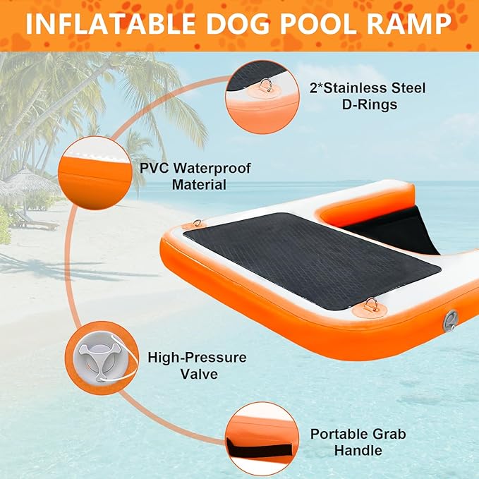 Inflatable Dog Water Ramp, Non-Slip Floating Dock Ladder for Pools, Boats & Lakes, Pool Ramp for Dogs Up to 200 Pounds, Orange